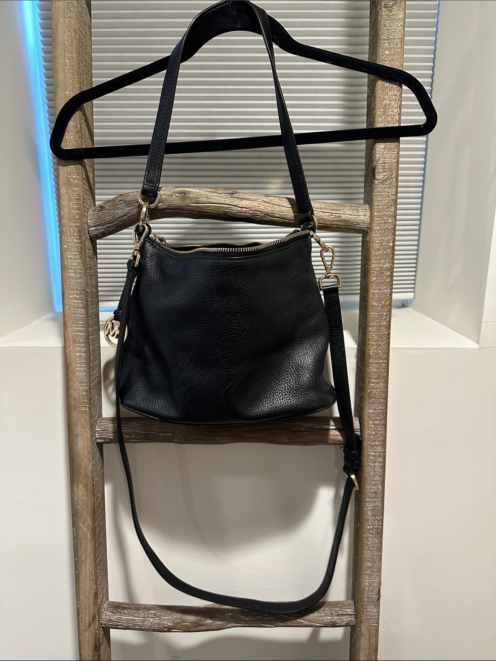 Michael Kors Black Pebbled Leather Shoulder Hobo with Gold Hardware